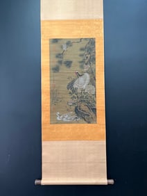 A Chinese Vertical Scroll Ink Painting of Flower and Bird on Silk