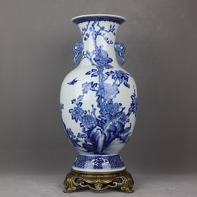 A Huge Blue and White Flower and Bird Pattern Inlaid Bronze Elephant-Ears Vase