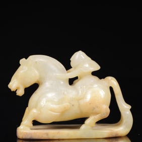 An Exquisite White Jade Figure Riding Horse Ornament