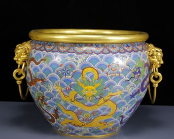 A Rare Cloisonne Seawater and Dragon Pattern Double-Ears Vat