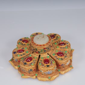 An Exquisite Filigree and Gilding Inlaid White Jade Eight Treasures Luopan ,Inlaid Gems