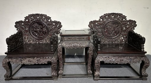 A Set of Fine Zitanwood Pine and Crane Pattern End Table and Armchais