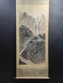 A Chinese Vertical Scroll Ink Painting of Landscape on Paper