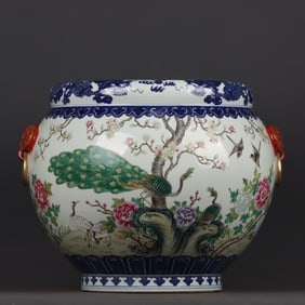 An Exquisite Blue and White Gilt Flower and Bird Pattern Beast-Ear Vat