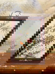 An Exquisite Redwood Painted Color Inlaid Porcelain Plaques Famille-Rose Flower and Bird Pattern