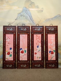 A Set of Fine Redwood Painted Color Inlaid Porcelain Plaques Famille-Rose Flower and Bird Pattern