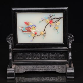 An Exquisite Zitanwood Inlaid Gems Animal Pattern Table Screen