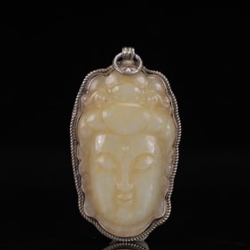 An Exquisite Silver Inlaid White Jade Statue of Sakyamuni Pendant