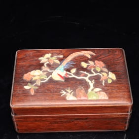 An Exquisite Huanghuali wood Inlaid Gems Flower and Bird Pattern Box with Cover