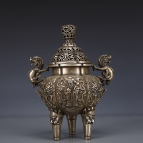 An Exquisite Silver-plated Figure Kylin Pattern Double-Ears and Tripod Censer