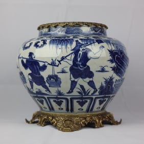 An Exquisite Blue and White Figure and Story Pattern Inlaid Bronze Jar