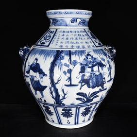 A Huge Blue and White Figure and Story Pattern Beast-Ears Jar,with Poem