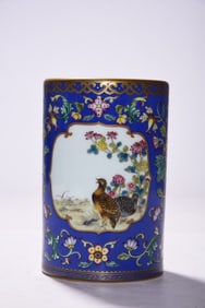 An Exquisite Famille-Rose Ruby Blue Flower and Bird Pattern Brush Pot