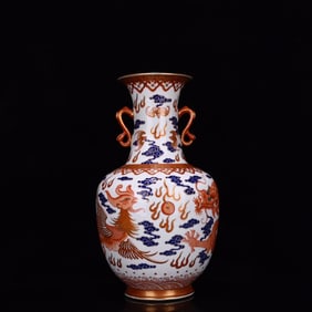 An Exquisite Enamel Iron-Red Painted Gold  Dragon and Phoenix Pattern Double-Ears Vase