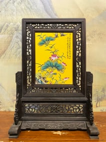 An Exquisite Redwood Inlaid Porcelain Plaques Famille-Rose Flower and Bird Pattern Screen,with Poem