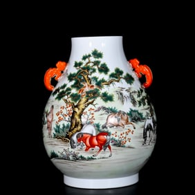 A Huge Enamel Horse Pattern Double-Ears Jar