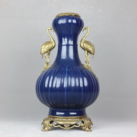 A Huge Ji Blue Glazed Inlaid Bronze Crane Vase
