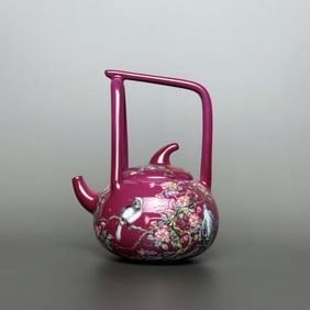 An Exquisite Ruby Red-Glazed and Enamel Flower and Bird Pattern Teapot