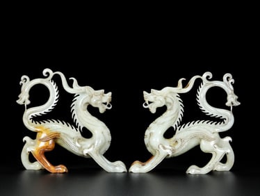 A Pair of Exquisite White Jade Dragon Ornaments