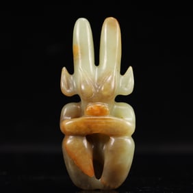 An Archaic Hongshan Culture White Jade Figure Pendant