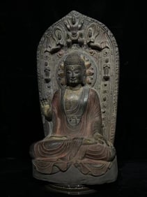 A Rare Limestone Painted Color Buddha Statue Ornament