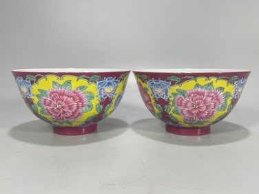 A Pair of Exquisite Enamel and Ruby Red-Glazed Flower and Bird Pattern Bowls