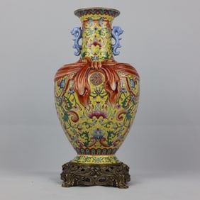 An Exquisite Famille-Rose Lotus Pattern Inlaid Bronze Dragon-Ears Vase