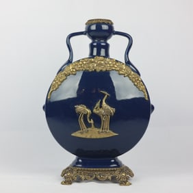 A Huge Ruby Blue Glazed Crane Pattern Inlaid Bronze Double-Ears Vase