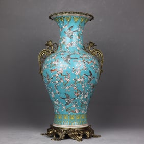 A Huge Famille-Rose Flower and Bird Pattern Inlaid Bronze Flower Double-Ears Vase