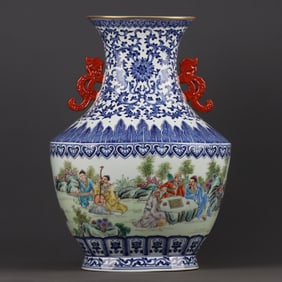 A Huge Blue and White Gilt Figure and Story Pattern Double-Ears Vase