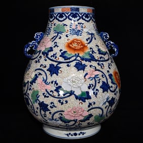 A Huge Blue and White Famille-Rose Flower Pattern Double-Ears Vase