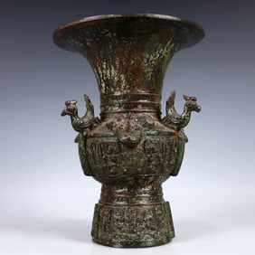 A Rare Bronze Beast-Face Pattern Phoenix-Ears Vase
