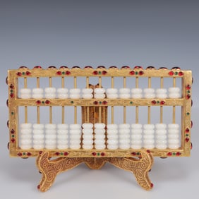 An Exquisite Filigree and Gilding Inlaid White Jade Suanpan,Inlaid Gems