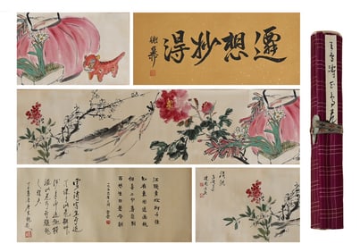 A Chinese Hand Scroll Ink Painting of Flower and Bird on Paper