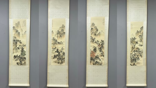 A Set of Chinese Vertical Scroll Ink Painting of Landscape on Paper