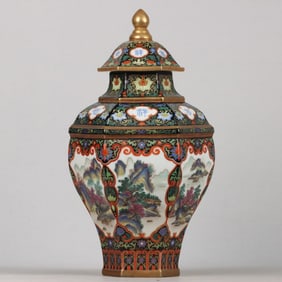 An Exquisite Enamel Gilt Landscape and Figure Pattern  Cover Jar