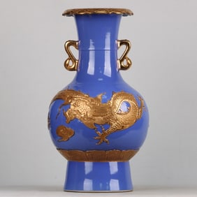 A Huge Ji Blue Glazed Gilt Dragon Pattern Double-Ears Vase