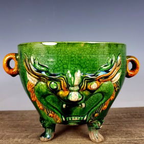 A Rare Tang Tri-Color Glazed Pottery Auspicious Beast Pattern Double-Ears and Tripod Censer,with an