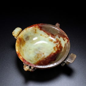 An Exquisite White Jade Beast Pattern Double-Ears Bowl