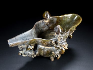 An Exquisite White Jade Dragon and Phoenix Pattern Double-Ears and Tripod Libation Cup