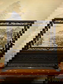 An Exquisite Redwood Inlaid Porcelain Plaques Ink Color Landscape Pattern Screen
