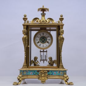An Exquisite Cloisonne Flower Pattern Figure Table Clock Ornament
