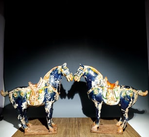 A Pair of Rare Tang Tri-Color Glazed Pottery Horse Ornaments