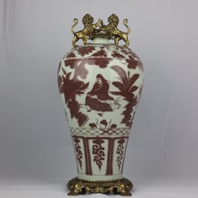 A Huge Blue and White Underglaze-Red Figure and Story Pattern Inlaid Bronze Lion-Ears Vase