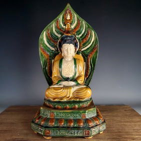 A Rare Liao Tri-Color Glazed Pottery Statue of Sakyamuni