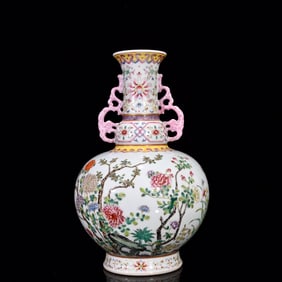 An Exquisite Famille-Rose Flower Pattern Dragon-Ears Vase