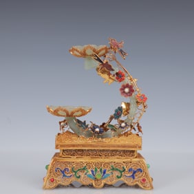 An Exquisite Filigree and Gilding Inlaid White Jade Lotus Ornament,Inlaid Gems