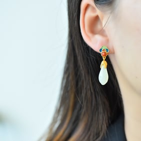 A Pair of Exquisite Sterling Silver-Gold Plated Inlaid White Jade Enamel Earrings