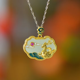 An Exquisite Sterling Silver-Gold Plated Inlaid White Jade Pendant