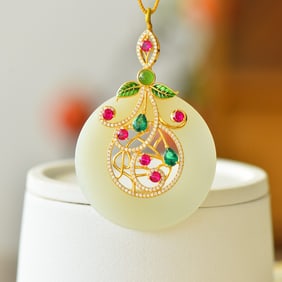 An Exquisite Sterling Silver-Gold Plated Inlaid White Jade Pendant